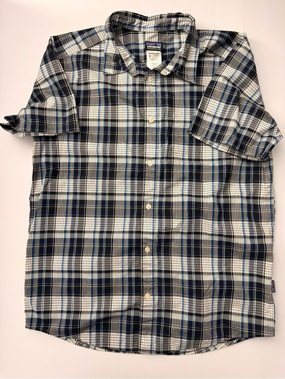 Patagonia Men’s Short-Sleeve Plaid Button-Up Shirt - Blue/White/Black large